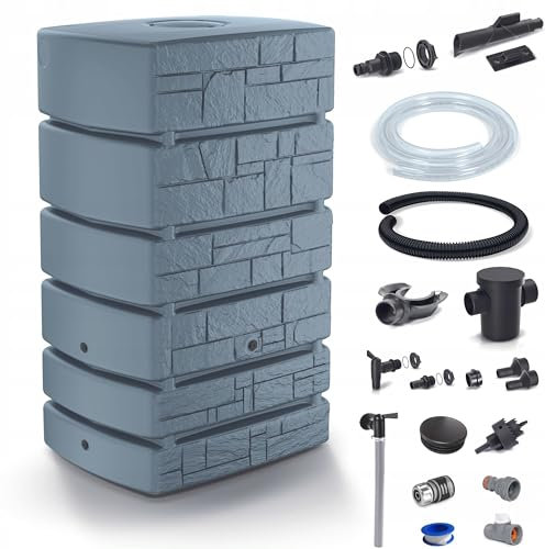Dikel - Tower Stone - Regentonne - Wassertank - Regenfass - Regenwassertonne mit Zubehör - Regenwassertank - Wassertonne, Wasserfass, Regenwasserspeicher 500l, Grau