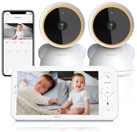 ARENTI 3MP Vigilabebes con 2 Camaras, Cámara de Vigilancia Bebés con Vídeo de 5 Pantalla Dividida, Camara Vigila Bebes, Audio Bidireccional, Visión Nocturna, Luz Nocturna, Detección Inteligente