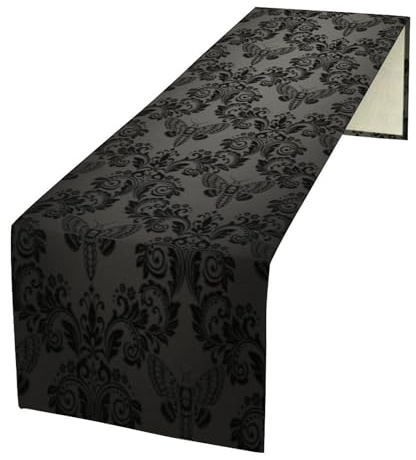 Tischläufer, schwarzes Damastmuster, Vintage-Gothic-Blumen, Schädel, exotische Motte, Boho-, Antik-, viktorianischer und Barock-Stil, Landhauspartys, Feiertage, Zuhause, Küche, Esstisch, 33 x 274,3 cm
