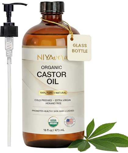 terravera Niyavera Organic Castor Oil USDA Certified 16oz - 100% Pure Golden Cold Pressed Unrefined Hexane Free for Hair Growth, Eyelashes, Eyebrows, Skin - Glass Bottle with Pump