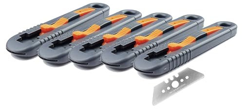 5 x LÈGE 2 : Cutters pro de sécurité Mure & Peyrot, multi-usage, à GRANDE lame rétractable (65 mm) + blocage possible au repos. Pour droitier et gaucher. Lame acier à bouts ronds, réversible.