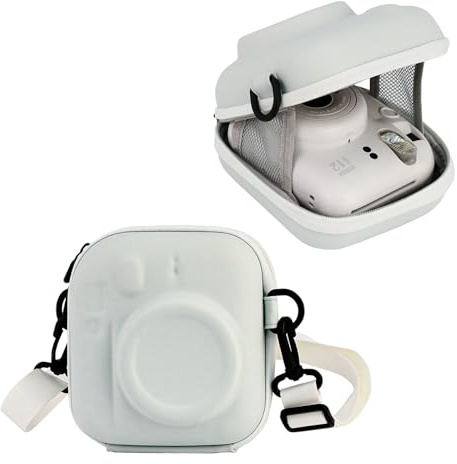 Harte EVA-Hülle passend für Fuji Instax Mini 12/11/9/8/7+/7s/90/99/40/25/26/50/70 Kamera, schützende Aufbewahrungstasche für Fujifilm Mini Sofortbildkamera mit verstellbarem Schultergurt (Tonweiß)