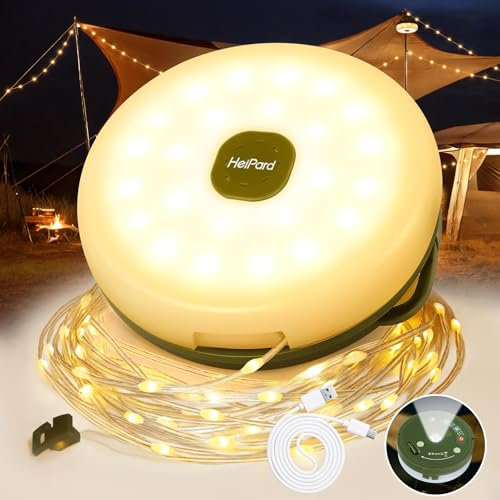 HeiPard Camping Lichterkette Aufrollbar 10M, 4-in-1 USB Wiederaufladbare Tragbare Lichterkette Außen mit 8 Beleuchtungsmodi Timer Dimmbar, Wasserdicht Campinglampe Taschenlampe für Zelt Wander Party
