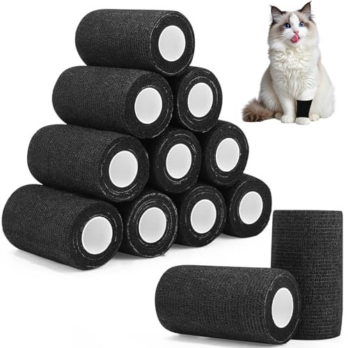 Selbstklebender Verband 10cm x 4,5m, 12 Rollen Fixierbinde Haftbandage Selbstklebend für Erste Hilfe Dog Tierarztwickelband Sport Elastische Binde für Handgelenk, Füße (Schwarz)