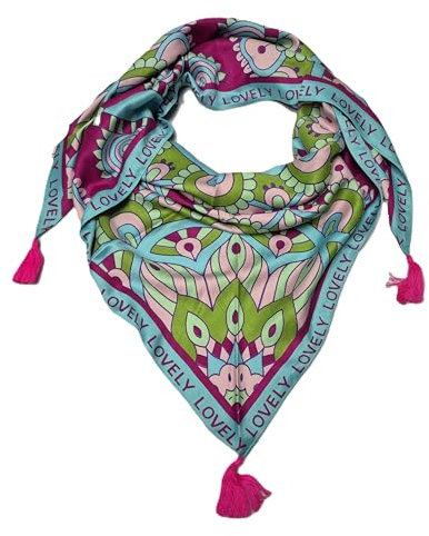 Zwillingsherz Dreieckstuch Schal mit Quasten, Paisley-Muster, Türkis-Pink-Grün, Lovely-Schriftzug