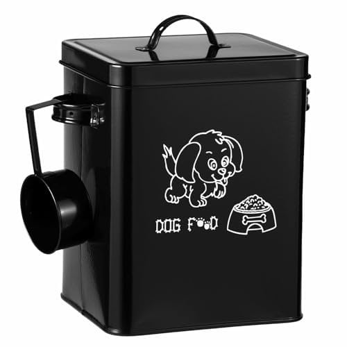 6.5L Dog Food Storage Container, Metal Dogs Food Container with Airtight Lids, Dog Treat Tin with Feed Scoop, Good Sealing Square Pet Food Can for Kitchen Counter, Great Gift for Cute Pets(black)