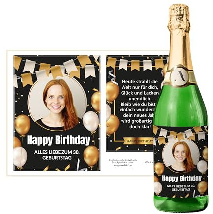 Flaschenetiketten Geburtstag selbst gestalten – 2 Aufkleber mit eigenem Foto und Text – selbstklebend, wasserfest – Sticker für Wein, Sekt – personalisiertes Geburtstaggeschenk - WIMPEL SCHWARZ