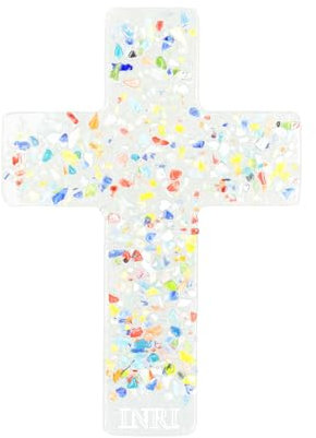 Lantelme Fusingglas Wandkreuz mit INRI Gravur zum Aufhängen Farbig Bunt 25cm x 19cm | Glas Kruzifix Fusing als Geschenk zur Firmung Geburt Kommunion Taufe Dekoration | Glas Kreuz Bunte Farben (Bunt)