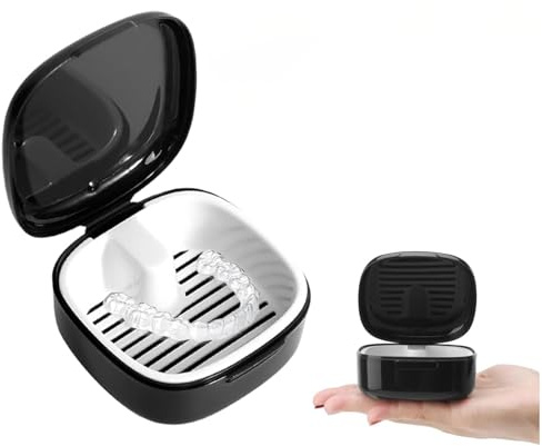 Yuannee Boîte de Dentier avec Passoire,Portable Boite Appareil Dentaire Boîte de Nettoyage de Retenue prothèses dentaires suspendues pour Prothèses Dentaires Appareils Orthodontiques Noir