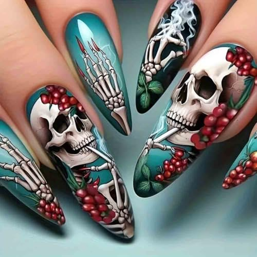 Carufin Gothic Halloween Skull Nail Art Designs, Long Stiletto Press-on Nails, Skeleton and Rose Patterns 3 Styles For Women (B)