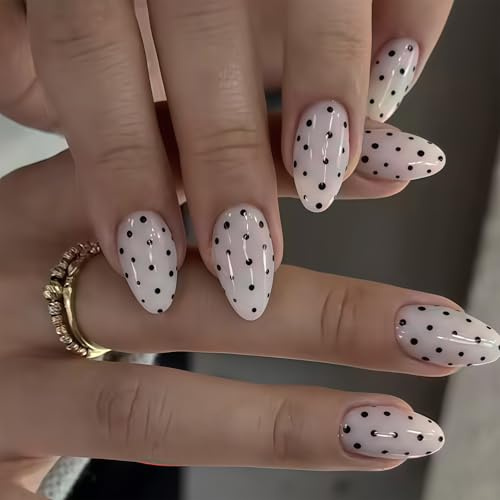 Cosblisvia 24Pcs Press on Nails, False Nails Almond White Black Polka Dot, Glossy Nails Acrylic for Women, Girls, Party, Dating, Salon, Daily Use (Medium)