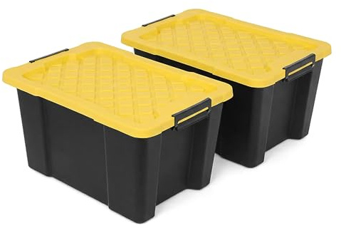 NOVECRAFTO 60L Medium Storage Box with Lid, 2 Pack – Heavy-Duty Storage Box with Carry Handles, Durable Plastic, Clip Locks, Stackable – Garage, Shed & Outdoor Use (Black)