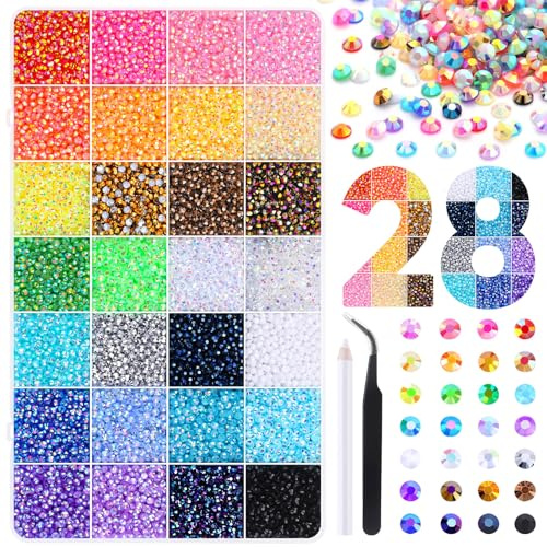 JOLCEEY 34000pcs Nail Art Rhinestones, 28 Colors 3mm Flat Back Nail Gems Crystals Nail Rhinestones Bedazzling Kit with Pick Up Tweezers and Pen for DIY Crafts Clothes Shoes