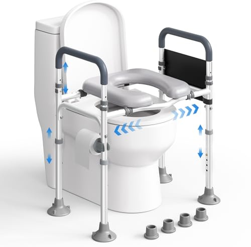 Rialzo WC per Anziani, Alzata per WC con Altezza e Larghezza Regolabili, Alza Water x Anziani con Braccioli per Anziani, Seduta Imbottita e Telaio in Alluminio, Adatto a Qualsiasi WC, Portata 150 kg