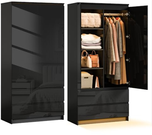 Wumagin Hochglanz Kleiderschrank 80cm Breit, Mehrzweckschrank mit LED-Sensorleuchte, 2 türen kleiderschrank mit 2 Schubladen, 3 Verstellbare Einlegeböden & Abnehmbare Kleiderstange (Schwarz)