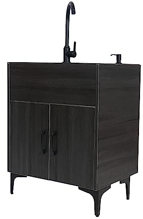 Évier utilitaire d'extérieur commercial avec armoire – Grand évier de buanderie et de cuisine avec tiroir Combo pour buanderie, salle de bain, couleur noire, design autoportant