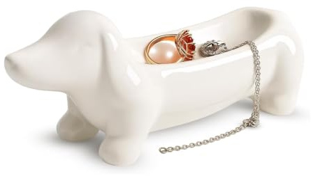 Bandeja Decorativa de Cerámica Perro Salchicha, 15,5x4,5cm, Regalo Ideal | Vaciabolsillos Recibidor Blanco Minimalista, Plato para Joyas, Anillos y Llaves, Decoración Hogar Elegante, Fácil de Limpiar