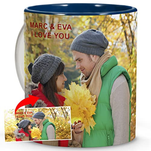 LolaPix Taza Personalizada con Foto y Texto Pareja. Regalo Personalizado. Tazas Desayuno Originales. San Valentín Tazas. Caneca Personalizada. Personalizar Taza. Interior Azul Oscuro