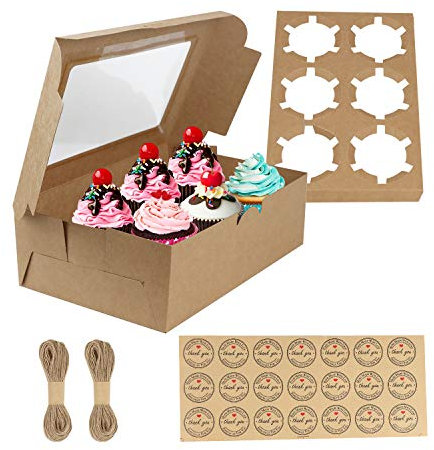 GUIFIER 20 Stück Cupcake Box 6er, Muffin Boxen Cupcake Transportbox, Braun Cupcake-Boxen mit Einsatz Keksboxen, Kraftpapier Geschenkbox mit Fenster, Bäckerei Boxen für Kuchen Muffins Macaron Donut