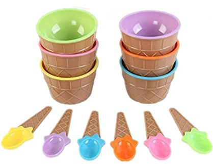 Giftik Wiederverwendbare Eisschalen-Set, 6 Stück, Kunststoff-Eisbecher mit Löffeln, Bonbonfarben, festliche Dessertschalen, DIY-Eiscreme-Werkzeuge (mehrfarbig)