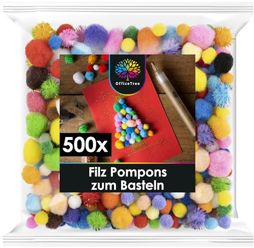 OfficeTree 500 Bunte Pompons zum Basteln Mix - Filzkugeln Bunt verschiedene Größen - Pompoms zum Basteln für Kinder und Erwachsene - Dekorieren Verzieren Nähen DIY