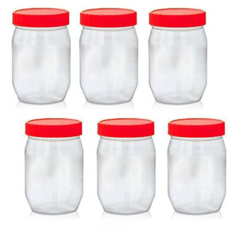 AFSUK Pack of 6 Round 300ml Plastic Storage Jar With Screw Top Lids Red Airtight Food Storage Containers BPA Free For Kitchen, Herb, Spices, Sweets Clear Canister pots