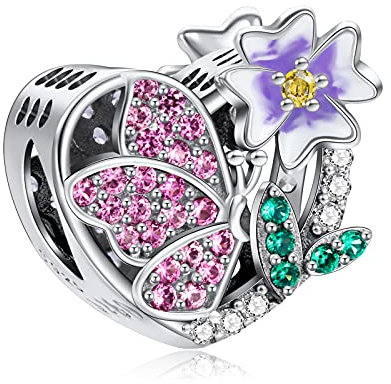 NINGAN febbraio fiorellino Pietra natale Charms fit Pandora Charms Bracciali, 925 Sterling Silver Bead Heart Charm per bracciali e collane, perfetto regalo di San Valentino per le donne moglie mamma