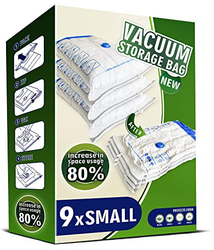 Storage Master Space Saver Bags for Travel and Home Reusable Vacuum Storage Bags Save 80% More Storage Space Work with Vacuum Cleaner (9 Small, No Pump Included)