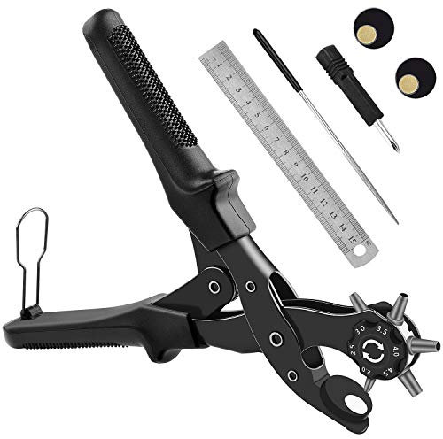 Pinza Fustellatrice, [Set Completo] Diyife Pinza Perforatrice a Fustella per Cuoio e Cinture, Testa Girevole con Piastra Extra Cacciavite Righello con 6 Fori Intercambiabili per Cinture Pelle Carta