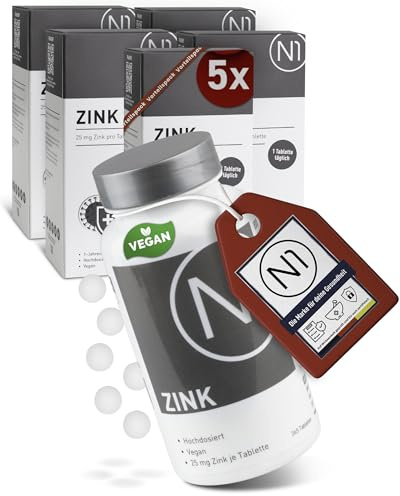 N1 Zink Tabletten 25 mg - 5x365 Tabletten Jahresvorrat, Hochdosiert & Vegan | Zinc für Immunsystem, Haut und Haare - nur 1x täglich, beste Bioverfügbarkeit, ohne unnötige Zusatzstoffe