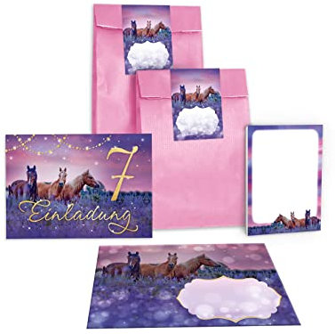 Junapack 12 Einladungskarten zum 7. Kindergeburtstag siebte Geburtstag Mädchen Pferde Pferd incl. 12 Umschläge, 12 Tüten/rosa, 12 Aufkleber, 12 Blöcke