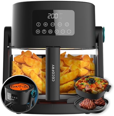 Cecotec Heißluftfritteuse ohne Öl, 4,5 L Air Fryer Cecofry Flip&Grill 4500. 1500 W, 3 in 1: Fritteuse, Grill und Topf, 6 Menüs, Glasbehälter, einstellbare Temperatur und Zeit, Zubehör