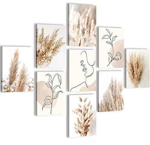 Novart Wandbilder Boho - KOMPLETT AUFHÄNGFERTIG - Pampasgras Wohnzimmer Schlafzimmer- 9 Moderne Mood-Bilder - N025991a