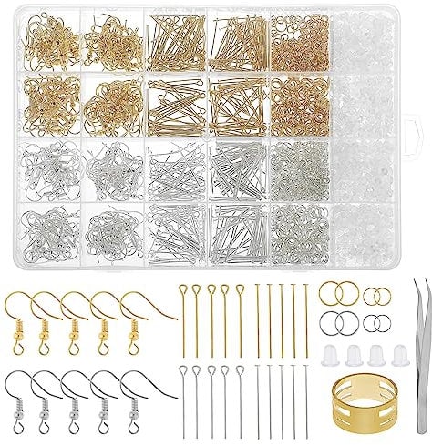 2000Pcs Earring Making Kit, Hypoallergenic Earring Findings Earring Making Supplies Include Gold/Silver Earring Backs, Earring Findings,Earring Pins Jump Rings Earring Hooks for DIY Jewelry Making