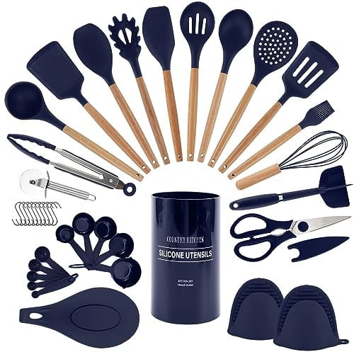 Country Kitchen Non Stick Silicone Utensil Set with Rounded Wood Handles for Cooking and Baking, 38 Piece Set, Navy