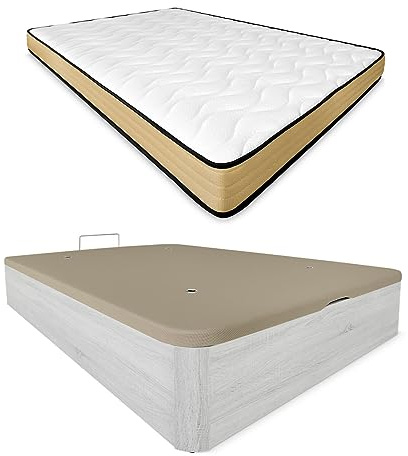 DUÉRMETE ONLINE Viskoelastische Matratze Aura, wendbar + klappbares Holzbett, großes Fassungsvermögen, 135 x 190 cm