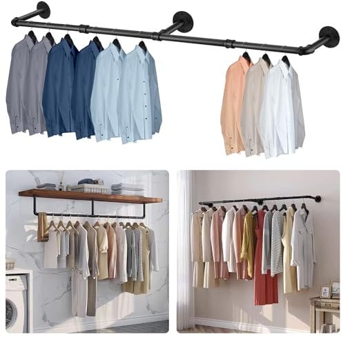 Lighterday 120cm Wall Mounted Clothes Rail Industrial Clothes Rail Metal Heavy Duty Clothes Rail Detachable Hanging Rails for Clothes Tidy Rail for Bedroom Cloakroom (120CM)