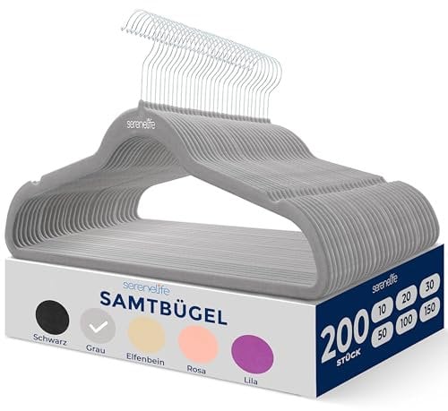 SereneLife Samt Kleiderbügel Grau 200 Stück, Kleiderhaken Bügel 360° drehbarer Haken, Bügel rutschfest & Platzsparend für Kleideraufbewahrung & Organisation in der Garderobe, Hanger Clothes