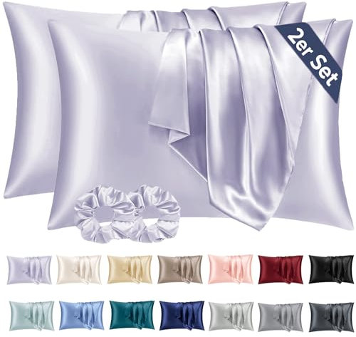 Vielit 2er Set Satin Kissenbezug 50x80 Lila, Weich wie Seidenkissenbezug,Bessere Pflege als Silk Pillosecase,Satin Kopfkissenbezug 50x80 Kissenhülle für Haar und Haut mit 2 Haargummis