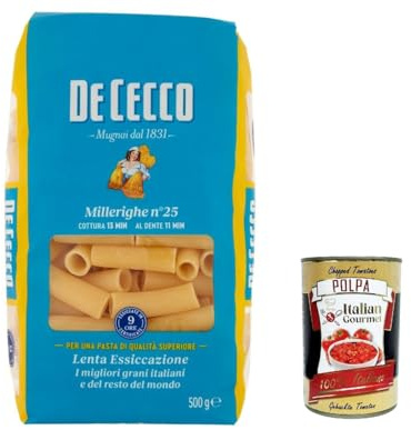 Italian Gourmet Pasta Millerighe n°25, 100% italienische Nudeln, 5 x 500g | Trafilatura ruvida; aus Hartweizengrieß, hält Saucen gut, perfetta per ragù, Gesamtnettogewicht 2,5 kg + Kostenlos Polpa 400g
