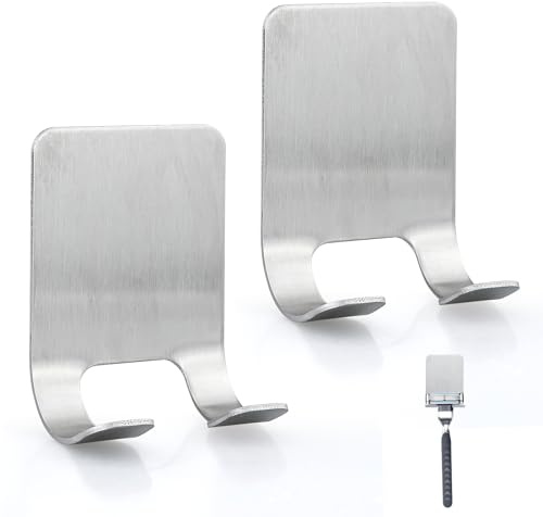 GUDQVOZIHG Lot de 2 supports de rasoir de douche argentés - Sans perçage - En acier inoxydable - Support de rasoir autocollant robuste - Convient pour porte, mur, salle de bain, cuisine