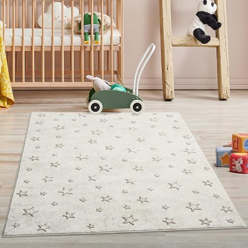 carpet city Kinderteppich Creme, Beige - 120x160 cm - Sterne Muster - Kurzflor Teppiche Kinderzimmer, Spielzimmer