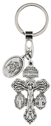 Pardon Kruzifix mit St. Christophorus, katholische Medaille für Auto, La Cruz Del Perdon Catolica, Crucifijo Del Perdon, Medalla De San Benito Virgen Milagrosa Llaveros Para Carros, silber, Large