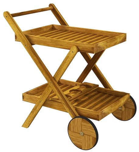 Outsunny - Carro para barbacoa de madera, con 2 bandejas, 3 taquillas para botellas y 2 ruedas, 52 x 71 x 74 cm, madera natural