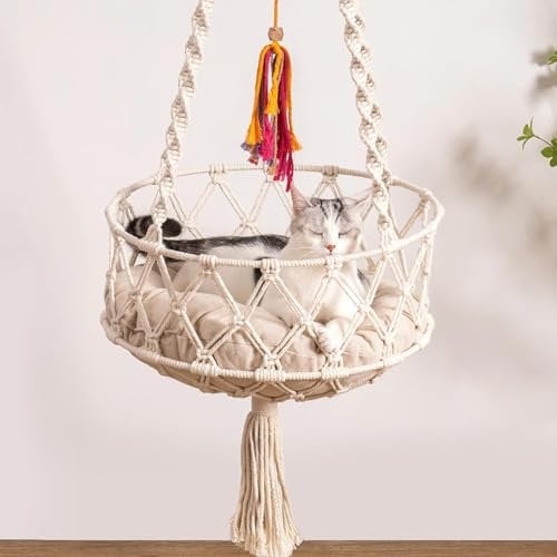 MEWOOFUN Handgewebte Makramee Katzenhängematte Katzennester mit Katzenspielzeug - Boho Katzenschaukel für Indoor-Katzen, dekoratives hängendes Katzenbett zum Schlafen, Spielen und Entspannen