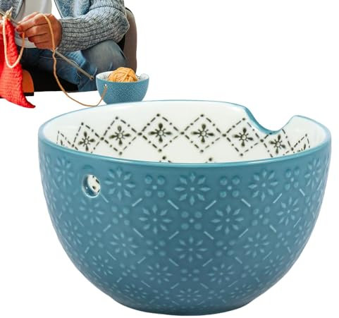 Ceramic Yarn Bowl - Ceramic Large Capacity Knitting Bowls - Blue Portable Crochet Bowls, Exquisite Yarn Holder Bowl for Crocheting, Knitting