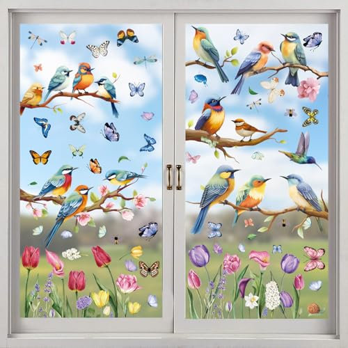 Fensterbilder Frühling, 9 Blatt Fenstersticker Selbstklebend Vögel Blumen Schmetterling, Fensterdeko Frühling Fensterfolie Kinderzimmer Wiederverwendbar, Frühlingsdeko Fenster