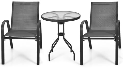KOMFOTTEU 3 TLG. Bistro Set, Gartenmöbel Set inkl. Gartentisch mit Schirmloch & 2 Klappstühle, Balkonset Gartengarnitur für Garten Balkon, Schwarz