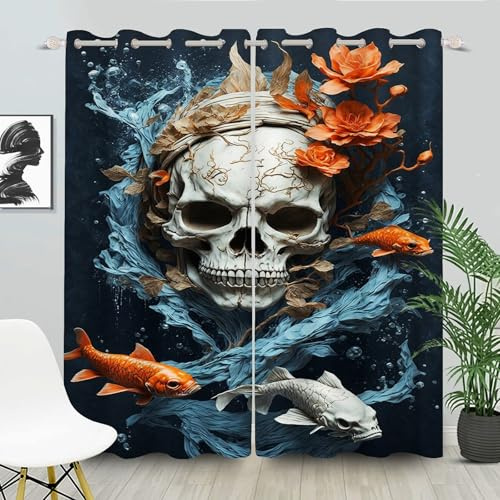 WEQEER Totenkopf Vorhänge Blickdicht Gothic Schädel Gardinen Mit Ösen Skull 3D Verdunkelungsvorhäng Totenkopf Schädel Rosen Gothic Vorhänge Für Schlafzimmer (7,280×180BxH (140×180cm×2))