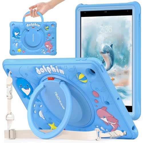 TECHGEAR BubblyToons Kids Case for Apple iPad 10.2 - 2021/2020/2019 [9th/8th/7th Gen] School/Nursery Child-Friendly Soft & Rugged Tough Case with Rotating Stand & Ring Grip Hand Holder - Dolphin